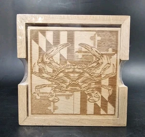 Maryland State Wooden Coaster Set Crab Retriever Egret Black Eyed Susan - Picture 1 of 4