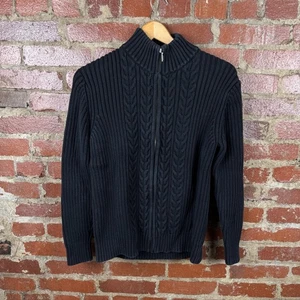 Lands' End Sweater Womens Medium Navy Black Zip Up Mock Neck Cotton Knit Japan - Picture 1 of 4