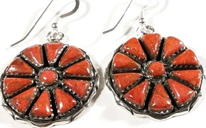 925 STERLING SILVER STURDY WHEEL RED CORAL 1 7/8" x 1 1/16" HOOK EARRINGS 13.0g - Picture 1 of 3