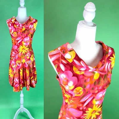 Vintage 60s Mod Pink Floral Skort Dress Palazzo Romper - Size Small - Photo 1/4