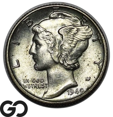 Moneda de diez centavos Mercury 1940-D, bandas divididas completas, gema BU++ FSB Foto 1 de 3