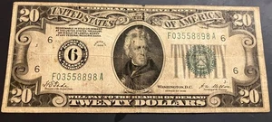 1928 $20 Federal Reserve Note, few pinpricks, cut above portrait, scarce - Picture 1 of 2