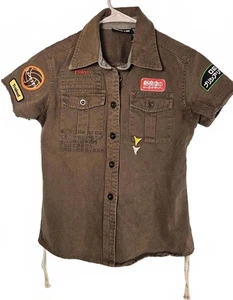 Rubber Doll Brand Women's Olive Green Military Inspired Shirt with Patches Small - Picture 1 of 10