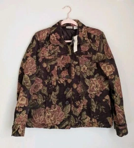 NWT Vintage Erika Women's Brown Floral Jacket Textured Collar Size Petite Medium - Picture 1 of 12