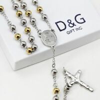 DG Unisex 16" Gold Sterling Silver Rosary VIRGIN MARY&JESUS CROSS Necklace box 