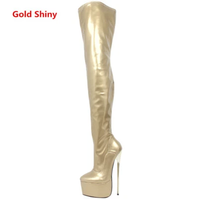 Botas de plataforma para mujer de 22 cm de tacón alto extremo hasta el muslo tacón de aguja de metal dorado Foto 1 de 4