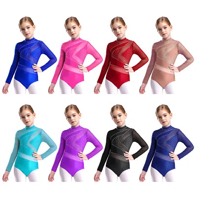 Kids Girls Leotard Exercise Unitard Rhinestone Bodysuit Long Sleeve Competition - Image 1 of 4