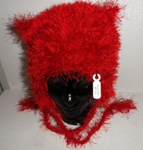 Hat Beanie Cap Adult Size Cat Ear Flaps HandMade USA Crochet Kitty Furry Red - Picture 1 of 4