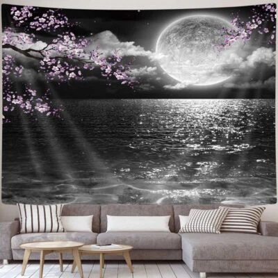 Tapiz gris luna mar colgante de pared grande arte asiático tela decoración habitación estética Foto 1 de 4