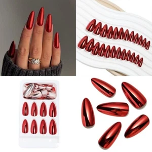 24pcs Medium Almond Press On Nails Metallic Mirror Effect Red False Nails NL484 - Picture 1 of 6