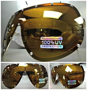 OVERSIZED Modern RETRO SHIELD Style Gold SUNGLASSES Large Bronze Polarized Lens - Picture 1 of 10
