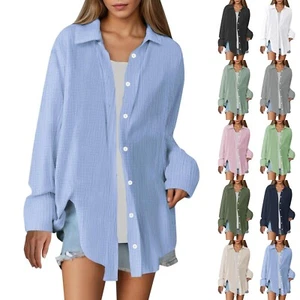 Casual Shirts for Women Long Sleeve Button Down Blouses Solid Color Trendy Tops - Picture 1 of 42