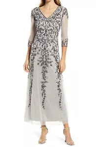 Vestido Pisarro Nights Cuentas Cuello en V Línea A Talla 10 Plateado $248 - Imagen 1 de 2