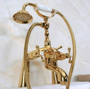 Polished Gold Brass Tub Deck Mount Clawfoot Tub Faucet with Hand Shower - Picture 1 of 8
