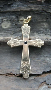 † 1900er GELBGOLD KATHOLISCHES BRUSTKREUZ & ROTER GRANAT ANHÄNGER CHARM FRANKREICH † - Bild 1 von 15