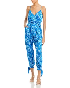 AQUA Women's Size S. Watercolor Floral Belted Jumpsuit Blue - Picture 1 of 7