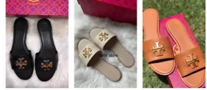 Tory Burch Everly Signature Logo Light Weight Calf Leather Gold Slide Sandals - Picture 1 of 13