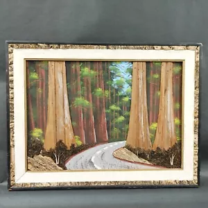 Vintage Road Thru Redwood Forest 3D Bark Moss Painting Framed Art 17"x12.5" *See - Picture 1 of 19