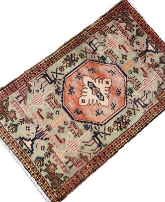 3'6"x2'1" ANTIQUE HAND KNOTTED CAUCASIAN KAZAK SERAPE TRIBAL WOOL MUTED RED RUG - Image 1 of 4