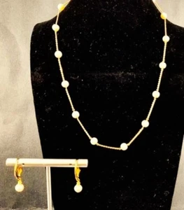 10K Yellow Gold Cultured Pearls Necklace, Bracelet, Earrings 3pcs Italian Set. - Picture 1 of 5