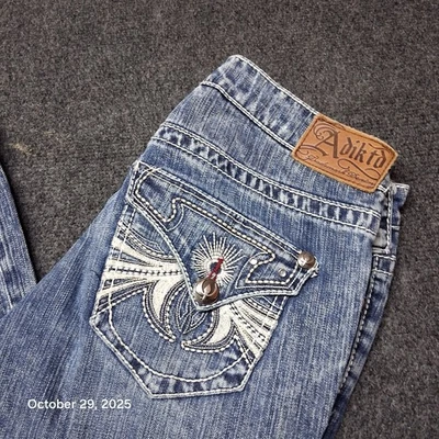 Pantalones de mezclilla Adiktd bordados con solapa trasera para mujer talla 2/27 azul bootcut lavado a la piedra Foto 1 de 4