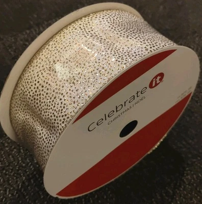 Celebrate It Christmas Wired Jumbo Ribbon White Gold Glitter Dot 2.5" x 80ft Bow - Image 1 of 3