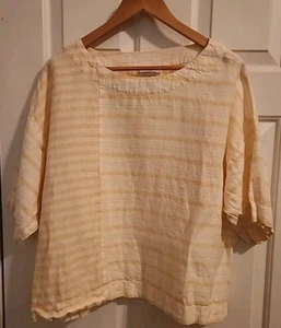 Purejill 100% Linen Womens M Top Yellow Stripes Short Sleeve Tunic Casual Basic - Picture 1 of 8