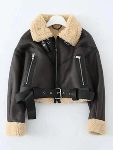Ailegogo Winter Women Streetwear Faux Lamb Leather Fur Short Jacket with Belt Mo - Picture 1 of 26