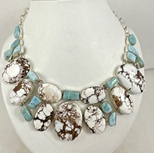 Collar de plata esterlina .925 ~~ piedras ovaladas turquesa búfalo blanco 18" BIB - Imagen 1 de 12