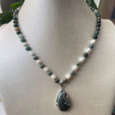 14-28" Natural 6mm Indian Agate Rice White Pearl Gem Beads Drop Pendant Necklace - Image 1 of 4