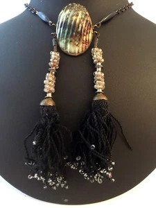 Collier vintage coquillage + perles de verre + passementerie, pièce unique - Picture 1 of 6
