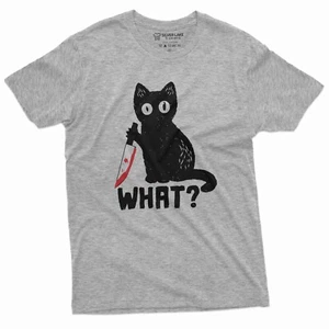 Funny Halloween Shirt What Cat with Bloody Knife Humor Shirt Halloween Cat Tee - Picture 1 of 8