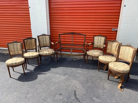 Antique French Louis XVI Style Dining Chairs, Armchairs & Settee By Louis Schmit Cover