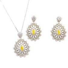 Rhodium Plated with Yellow Cubic Zirconia Pendant Necklace & Earrings Set.