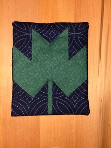 Handmade Sewn Maple Leaf Mug Rug Coaster Trivet in Green Blue Red 7.5 x 6" - Picture 1 of 2