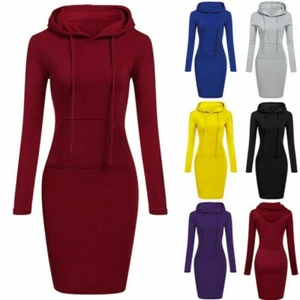 Women Casual Midi Pencil Dress Pocket Long Sleeve Hooded Pullover Sweatshirt - Imagen 1 de 16