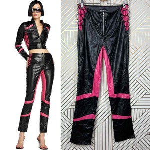 Pantalones apilados de cuero Rosa PU para mujer, pantalón de cintura alta  brillante, plisado, lápiz dividido, elástico de cuero|Pantalones y  pantalones capri| - AliExpress