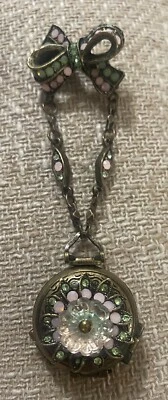 Sweet Romance USA Bronze Bow with Hanging Double Crystals Locket Pin Brooch - Image 1 of 4