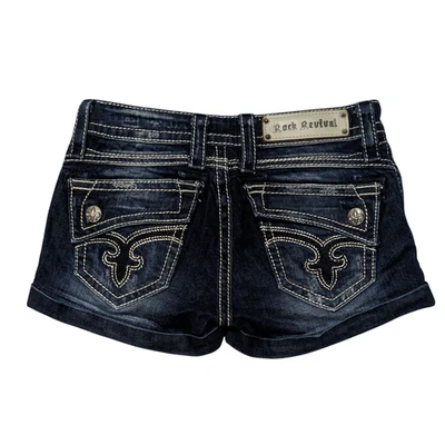 Rock Revival Shorts Womens 26 Johanna Cuffed Thick Stitch Fleur De Lis Booty EUC - Image 1 of 4