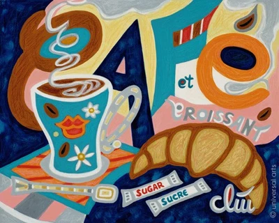 JACQUELINE DITT - Café et Croissant  A2 gross DRUCK n.Gemälde Bild Kaffee - Bild 1 von 3