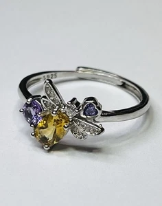 925 Sterling Silver Natural Honey Gold Citrine Teardrop Amethyst Bee Bug Ring - Picture 1 of 13