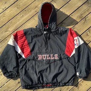 Vintage 90s Chicago Bulls NBA Starter Zip Puffer Jacket Size XL Black Red - Picture 1 of 20