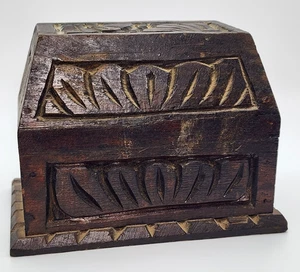 Carved Dark Wooden Hinged Treasure Trinket Box - Picture 1 of 7