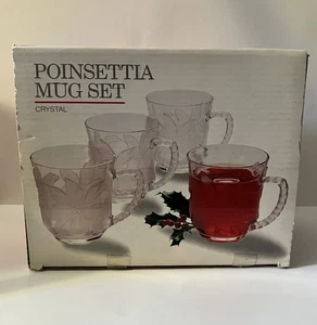 Vintage Crystal Baker Hart & Stuart Poinsettia Mug Set/4 Frosted - Picture 1 of 11