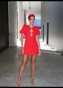 REBECCA VALLANCE Karina Puff Sleeve Mini Red Size 10 - Picture 1 of 13