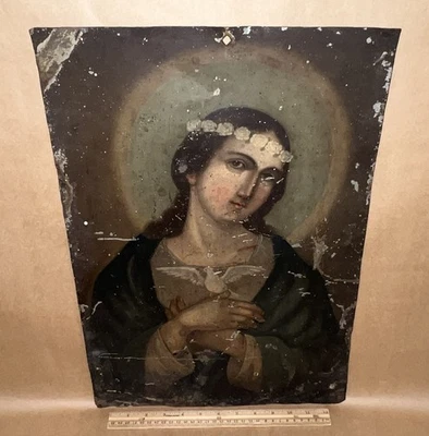 Antiguo Retablo Español Siglo XVIII México Sobre Lata Pintura Virgen María Icono Religioso Foto 1 de 4
