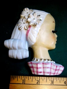 VTG UCAGCO JAPAN Ponytail Girl HeadVase WALL POCKET Pink Dress long eyelashes - Picture 1 of 16