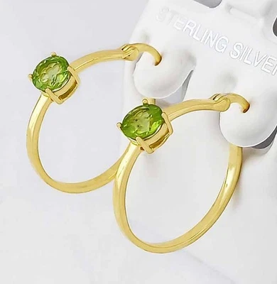 GENUINE 2.14 Cts PERIDOT HOOP EARRINGS 14k YELLOW GOLD PLATED (.925 SILVER) - Image 1 of 4