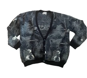 Megalos Men’s Vintage Cardigan Sweater Textured Abstract Black Gray 2X T NEW - Picture 1 of 7