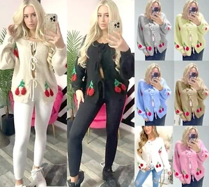 Women's Cherry Print Tie-Front Fashion Cardigan – Knitted Jumper Top, Sizes 8-16 - Picture 1 of 4